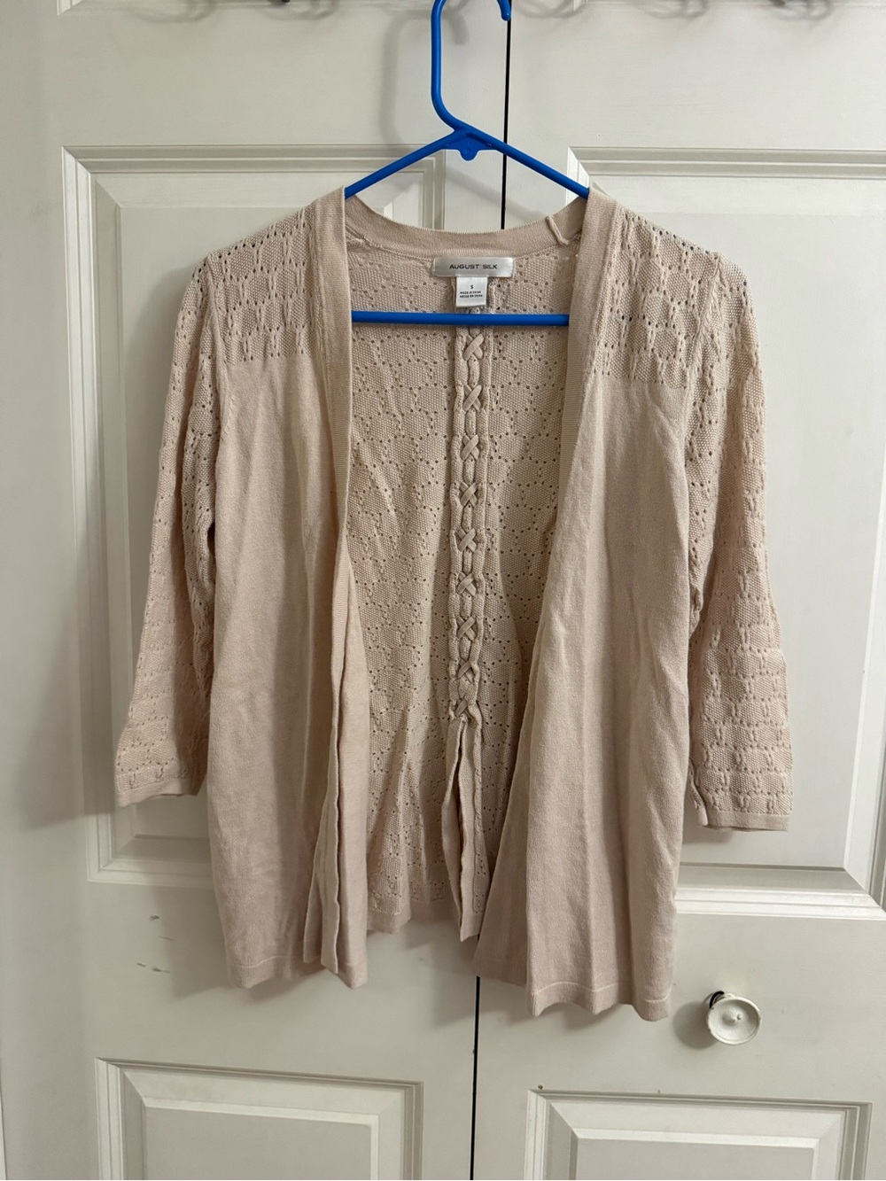 august silk Beige Open-Front Eyelet Knit Cardigan
